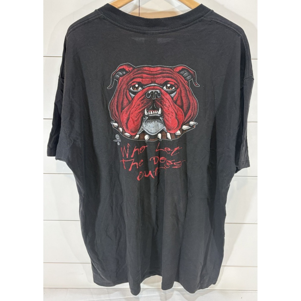 Vintage 90s Red Dog T-Shirt Black Bulldog Graphic Who Let The Dogs Out Size 3XL